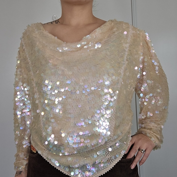 VTG Large Pink Ivory Full Sequin Glam Silk Evening Blouse 80s Beaded Iridescent‎ - Picture 1 of 16